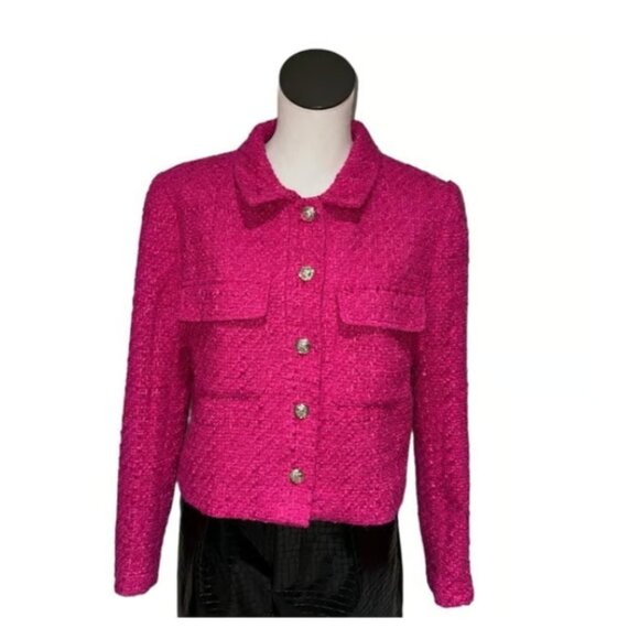 NWT  Rachel Zoe cropped tweed blazer Pink Gold Button - Picture 4 of 6